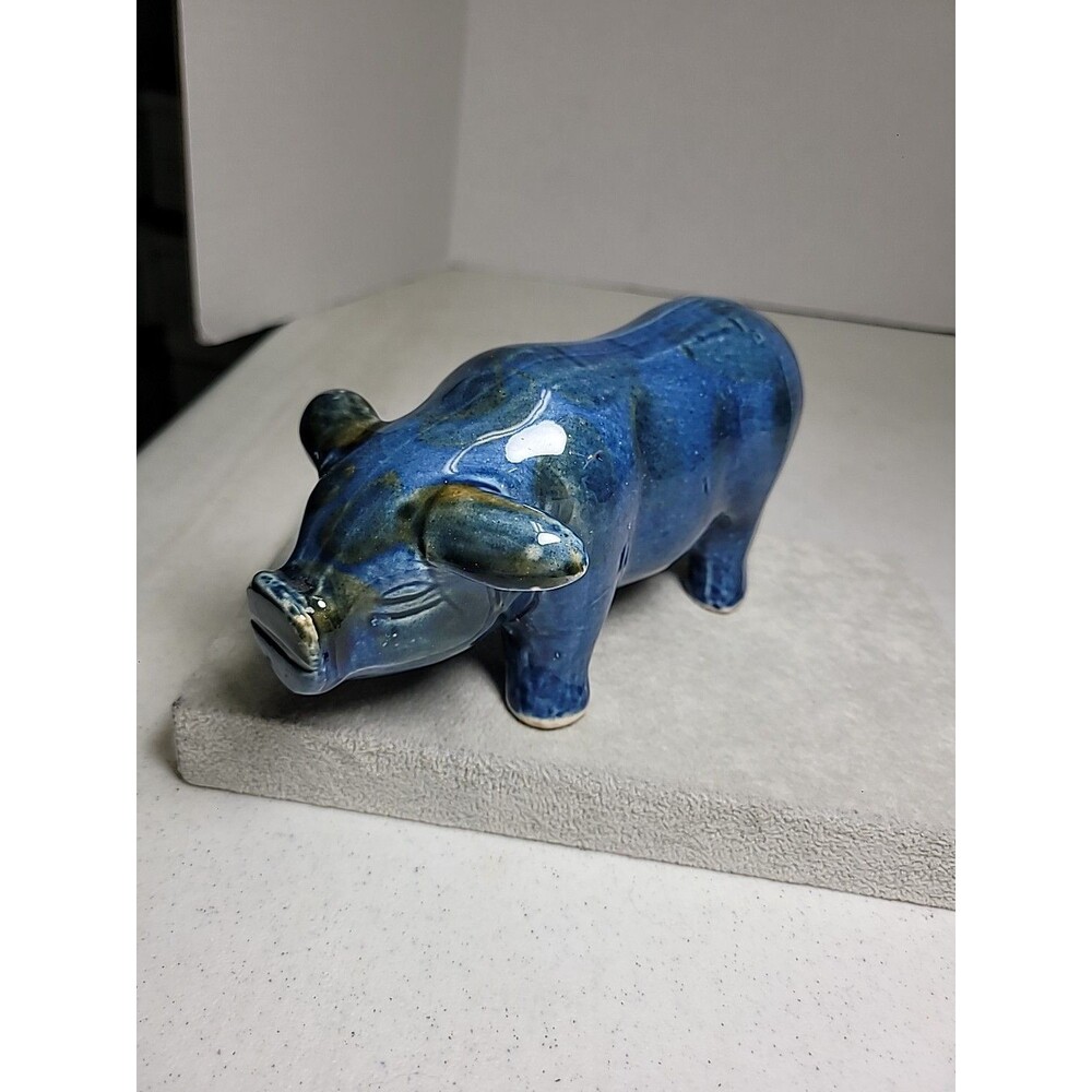 Vintage Blue Glazed Ceramic Pottery Pig Sow Hog Figurine Hand Crafted 7.5" Long